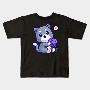 Cute Cat Playing Yarn Ball Cartoon Kids T-Shirt